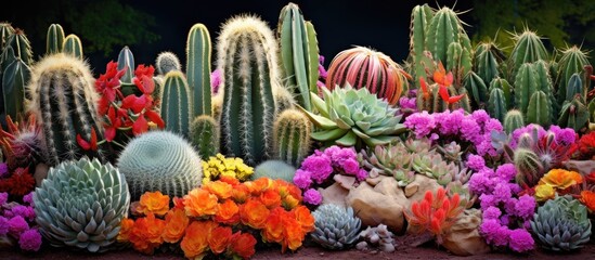 Poster - A beautiful garden backdrop featuring colorful cacti with a variety of hues, ideal for enhancing any design with copy space image.