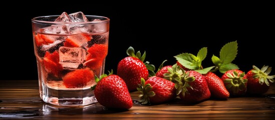Poster - A wooden table displaying fresh ripe strawberries next to a glass of water with ice cubes, with a clear area available for adding text or copy space image.