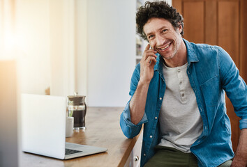 Poster - Man, home and happy kitchen counter on phone call for networking, communication and connection. Discussion, conversation and smile with good news, approval and house finance or mortgage funds
