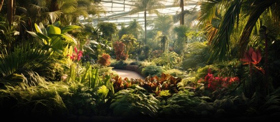 Aufkleber - A botanical winter garden with tropical plants and palms, perfect for a copy space image of a lush and vibrant greenery.