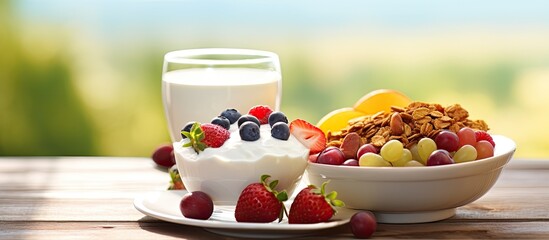 Aufkleber - Breakfast consisting of granola, yogurt, and fresh summer fruits presented on a plate with a blank area for additional content in the image.