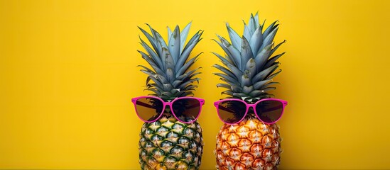 Stylish pineapple couple, one male and one female hipster wearing sunglasses. Creative art concept with a trendy summer vibe, ideal copy space image showcasing fashionable vacation trends.