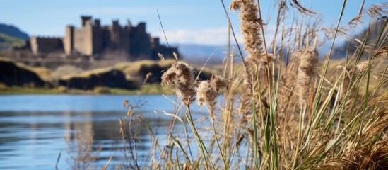 Poster - Close-up of river reed with an ancient castle in the mountains, a dried flower in the foreground, and a blue river in the background on a sunny spring day with blurred copy space image.