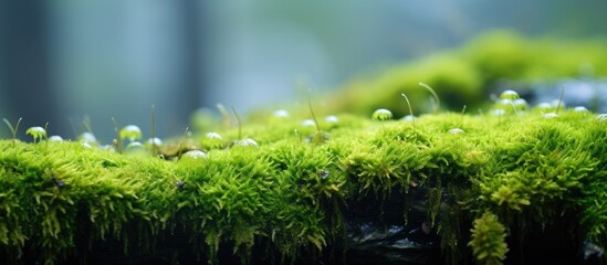 Poster - Moss plants flourishing in humid highland climates provide a serene backdrop for a copy space image.