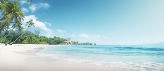 Poster - A serene tropical beach with a blurred ocean backdrop and room for showcasing products, creating a montage ideal for summer-themed advertisements with copy space image.