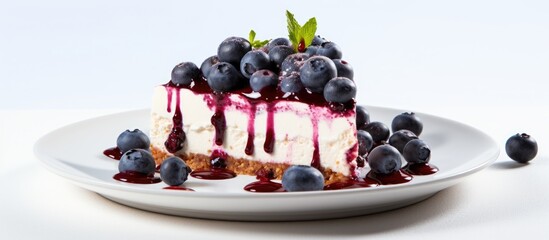 Aufkleber - Blueberry cheesecake displayed in a plate with a white background for copy space image.