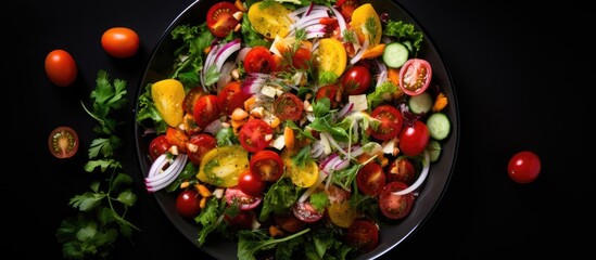 Poster - Top view of a light summer vegetable salad with tomatoes, greens, and fresh ingredients on a black background, creating a copy space image.