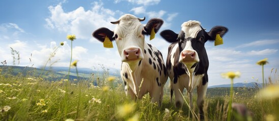 Poster - A pair of youthful cows grazing in the field with plenty of copy space image.