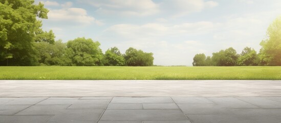 Poster - Background of a gray asphalt road with pavement alongside a lush green grass lawn, ideal for a copy space image.