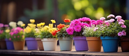 Aufkleber - Garden flowers in pots with colorful blooms adding a touch of nature to your space, perfect for a copy space image.