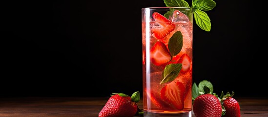 Poster - Tall glass with a spring cocktail made of fresh strawberries and basil, with a copy space image.