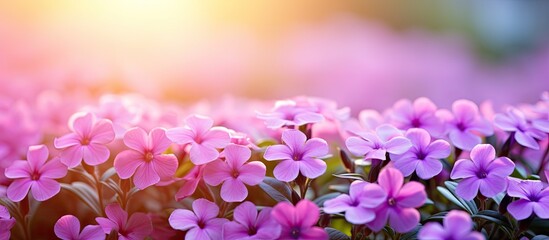 Poster - In the morning, pink periwinkle flowers bloom in the garden, ideal for photos with copy space image.