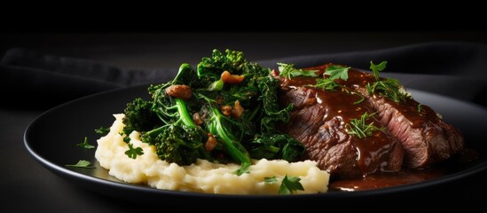 Poster - Beef steak and mashed potatoes with greens on a white plate against a black background, creating a beautiful copy space image.