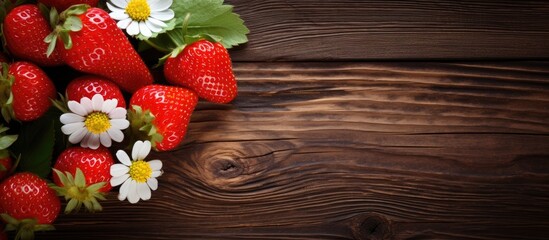 Wall Mural - Strawberries and flowers displayed on a rustic brown wooden surface with ample copy space image.