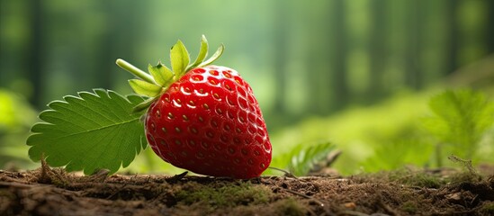 Poster - Organic strawberry from a forest setting with a natural appearance against a copy space image for organic food advertisement.