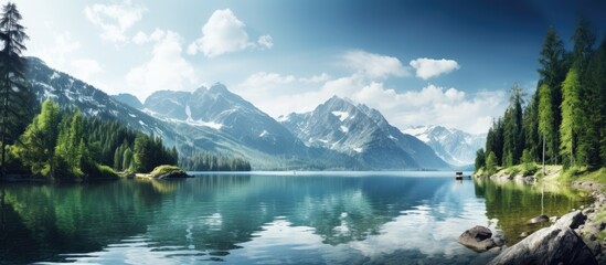 Poster - A picturesque mountain scenery featuring a tranquil lake, perfect for a copy space image.