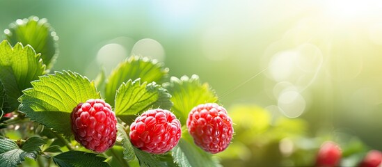 Poster - Ripe and unripe raspberries soaking up the sun on a summer day, creating a vibrant shot with copy space image.
