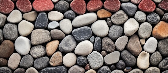 Aufkleber - Ancient cobblestone pathway with a mix of red, gray, and white stones creating a textured backdrop for a copy space image.