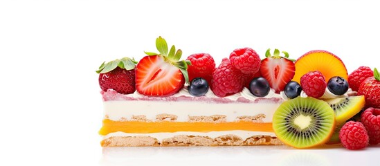 Fototapete - Delicious cake slice adorned with colorful fruits, perfect for celebrations, with a white background as copy space image.