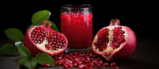 Poster - Ripe red pomegranate fruit and a pomegranate cocktail on a white background with copy space image.