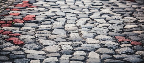 Aufkleber - Ancient cobblestone pathway with a mix of red, gray, and white stones creating a textured backdrop for a copy space image.
