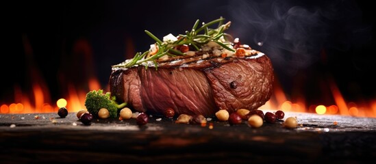 Poster - A succulent filet steak displayed in a gourmet setting with elegant seasoning and garnishes, creating a delicious meal centerpiece for a restaurant menu with copy space image.