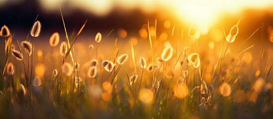 Poster - Spring plants and spikes in a field, with the sun reflecting, creating a sunset backdrop with bokeh blur, ideal for a copy space image.