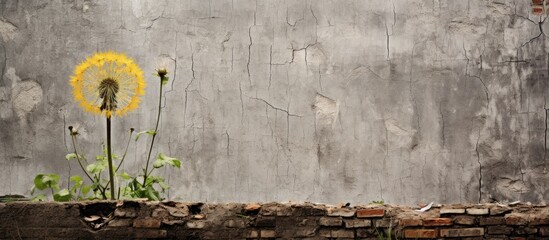 Poster - Spring time in Europe featuring a dandelion against the textured bark of an old oak tree, with a copy space image available.