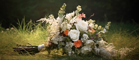 Aufkleber - Bridal bouquet displayed against a grassy backdrop with copy space image.