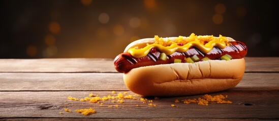 Poster - Hot dog with yellow mustard and ketchup on a wooden table with copy space image.