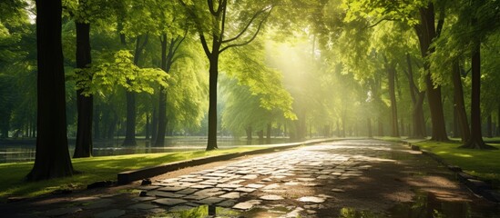 Aufkleber - A lovely, sunlit park featuring large trees and a gravel path, perfect for a leisurely stroll or relaxing outdoors.