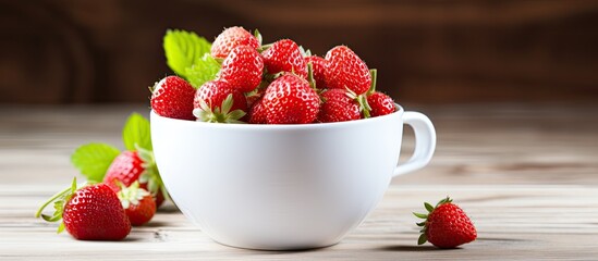 Poster - Wild strawberry in a white cup on a wooden background, creating an inviting copy space image.