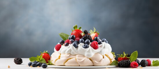 Aufkleber - Pavlova adorned with an assortment of fresh berries, against a blank background in a copy space image.
