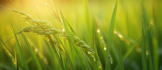 Poster - Macro shot of green rice grains in a golden sunset over the paddy fields in Bukit Rambai, Melaka, with a captivating copy space image.