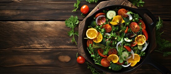 Poster - Vegetable salad with orange slices displayed on a rustic wooden background with a pan in the shot for a copy space image.