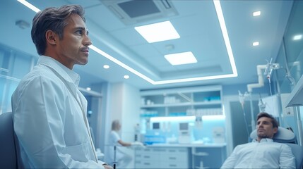 Poster - A doctor in a white coat examining a patient in a bright, clean clinic. Generative AI.