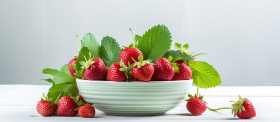 Poster - A ripe strawberry displayed in a bowl alongside a vibrant green leaf, against a white background with copy space image.