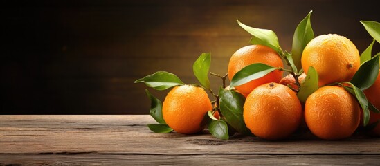 Aufkleber - Fresh tangerines on a wooden backdrop with copy space image.