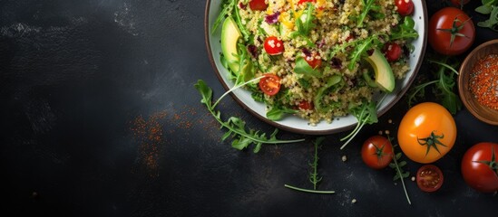 Poster - Top view of an Asian salad featuring quinoa and arugula with copy space image.