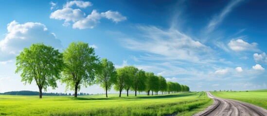 Poster - Scenic view of a row of trees and road in a dense forest, set against the sky and meadows, creating a picturesque landscape with a copy space image.
