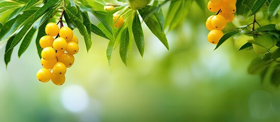Poster - A yellow-flowered goldshower plant bears round, green fruit with a blurred leafy background, suitable as a copy space image.