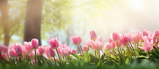 Poster - Stunning garden scene featuring a group of vibrant pink tulips set against a beautiful background with copy space image.