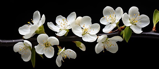 Poster - Pear flowers on black background, with copy space image.
