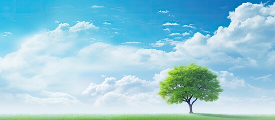 Aufkleber - A large tree stands in the bottom left corner against a backdrop of a vibrant blue sky dotted with fluffy clouds, providing ample copy space image.