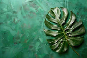 Monstera leaf on green background with copy space.