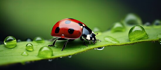 Aufkleber - Ladybug on green leaf in detailed macro view with copy space image.