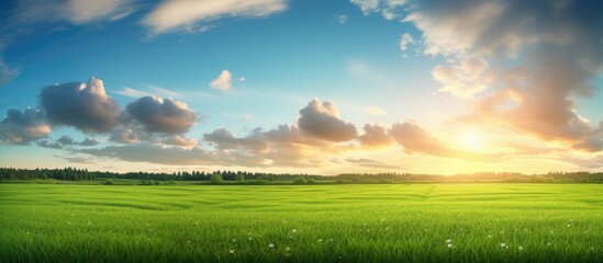 Wall Mural - Sunset over a picturesque green field with a stunning sky backdrop, ideal for copy space images.