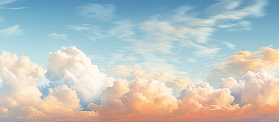 Wall Mural - Summer sky with fluffy clouds in shades of orange and blue, ideal for displaying copy space image.