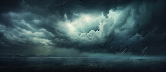 Wall Mural - Dark storm clouds fill the sky with rain, creating an ominous and stormy atmosphere in nature's environment providing a copy space image.