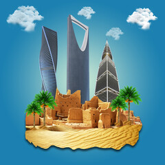 Kingdom of Saudi Arabia skyline with nature. celebrating the national day. abstract design template. old arch and dune sand, 3d illustration sky background.
